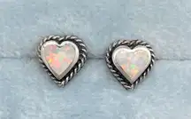 White Opal & Sterling Silver Rope Twist Heart Shaped Stud Earrings