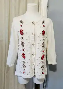 Christopher & Banks Cream Embroidered Floral Button Down Cardigan Women's Size L