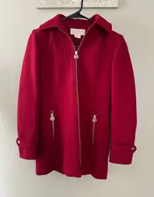Michael Kors Cranberry Red Wool Blend Womens Petite Peacoat Coat Hooded