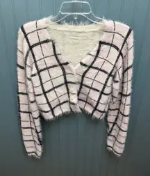 Urban Outfitters Pink Plaid Fuzzy Knit Cropped Cardigan Sweater Cozy‎ Top