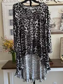 Oversized High Low Leopard Print Tunic Top Asymmetrical Layered Ruffle Modest
