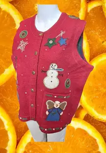 Woolrich Vintage Christmas Vest Holiday Santa Snowman Applique Wool Red‎ Medium