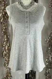 White Birch Small Gray‎ Ribbed Henley Tank Top Neon Stitch Minimalist