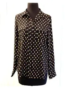 Black/gold/white long sleeve button down blouse.