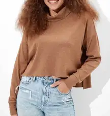 American Eagle Mock Neck Top Small Brown Waffle Knit Long Sleeve Cropped Cozy