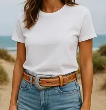 Tony Lama tan leather tooled belt with silver etched design buckle! New!!