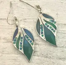 Kenneth Cole silver tone Green leaf rhinestone drop earrings