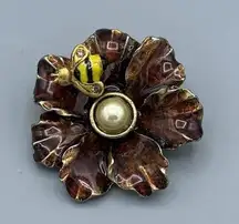 Vtg Lia Sophia Enameled Flower Brooch Pin with Bumble Bee Simulated Pearl Center