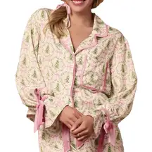 Womens Christmas Holiday Satin Christmas Tree‎ Bow Tie Sleeve Pajama Top Size M