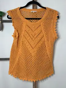 Another Love Orange Crochet Knit Sleeveless Eclectic Sweater Size Medium