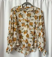 White & Yellow Floral Button Up Chiffon Blouse Dress Shirt Medium