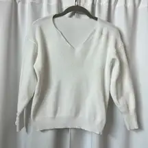 Solid White V-neck Ribbed Minimalist Business Casual Sweater