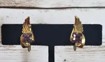 Vintage Screw On Earrings - Dark Gold Tone Feather with Square Purple Gem