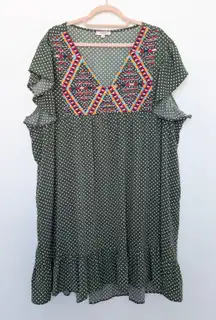 Andrée By Unit Womens Dress‎ Sz 2X Green Polka Dot Embroidered Boho Southwestern