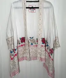 JOHNNY WAS 100% linen floral embroidery open cardigan kimono relaxed fit size XS