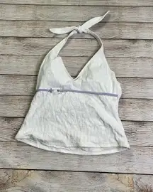 Textured Belted Halter Tankini Top. Great condition. Lined and built in bra with padding. Ties behind neck.  10” middle bust to bottom hem. 13.5” bust approximately