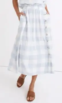 Madewell Linen-Blend Side-Button Midi Skirt in Gingham Check Light Blue White XL