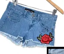 Express Cut Off Denim Shorts Size 0 Embroidered Floral Patch Distressed‎ Jeans