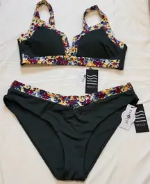 Vetchy Floral Trim Bikini Set - Black NWOT