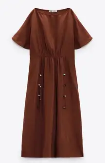 Zara New Beach Bohemian Linen Blend Brown Beaded Tunic Round Neck Dress Size L‎
