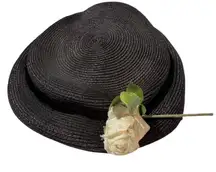 Womens Black Woven Straw Wide Brim Sun Hat Floppy Beach Vacation