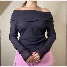 Attention Navy Blue Mesh Long Sleeve Ruched Off Shoulder Top Size Medium