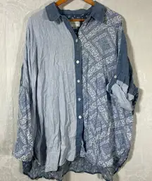 American Eagle Button Up Large Denim Look Floral Patchwork Cotton Linen