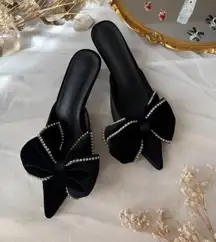 Black Velvet Rhinestone Trim Pointed Toe Bow Kitten Heels 
