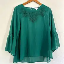 🦋 Charming Charlie Emerald Green Sheer Bell Sleeve 3/4 Sleeve Blouse Large