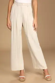 Never Miss Beige High-Waisted Wide-Leg Pleated Trouser Pants