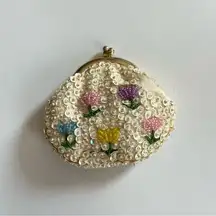 Vintage 50s 60s Sequin Coin Purse Framed Clutch Floral Beaded Satin Lining Cream