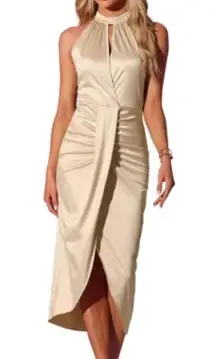 Sleeveless Satin Summer Halter Neck Flowy Swing A-Line Party Dress