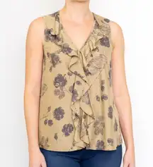 Cabi Silk Ruffle Blouse Womens Small Beige Gray Floral‎ Print Sleeveless Career