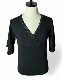 Style & Co Black Embellished V Neck 3/4 Sleeve Wrap Style Sweater Top L