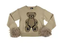 Basic Pleasure Mode - Big Ted Fluffy Trim Knit Jumper Sweater in Beige