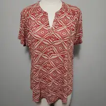 Lucky Brand red geo split neck linen blend short sleeve tee size medium