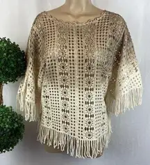 Haute Hippie Tan Sheer Short Sleeve Crochet Lace Fringe Blouse Top OS