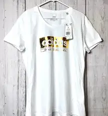 Womens Gold Foil Graphic White Short Sleeve Tee Sz L