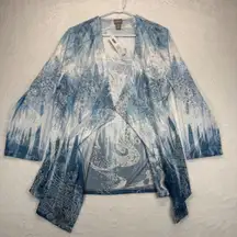 Chico's Cascading Beauty Burnout 3QTR Cardigan Mystery Blue‎ Pattern 3