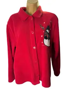 Vintage Y2K Christopher & Banks Button Front Fleece Shirt Snowman Appliqué Red M