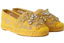 Authentic Dolce & Gabbana Rhinestone Lace Espadrilles Yellow Flats Slippers