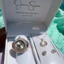 Jessica Simpson EXPANSION BAND RING WATCH + necklace + earrings set rose gold