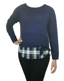 IZOD Size S Peacoat Tie Front 2-Fer‎ Sweatshirt Navy Blue Plaid Trimmed Layered‌