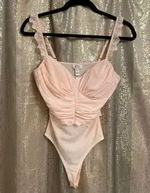 Privy Adoring Gaze Blush Pink Lace Mesh Ruffle Bodysuit, M NWT