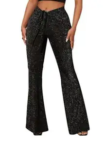 SOLY HUX Metallic Sequin Tie Front Elastic Waist Flare Leg Bottom Disco Pants XL