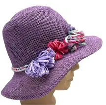 Inverni Hat Purple Raffia Flower Trim Sun Beach Garden Party Floppy Italy