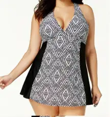 Island Escape Black Diamond Bay Printed H-Back Swimdress Swim Dress 20W NWOT