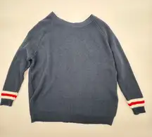 Mersea Navy Blue OS Knit Sweater Red White Stripe Sleeve Cuff Button Back