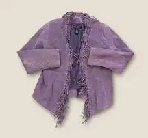 Dialogue Suede Leather Fringe Open Jacket Purple Small