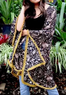 Panache Accessories Dixie Kimono Black Paisley Mustard Fringe One Size